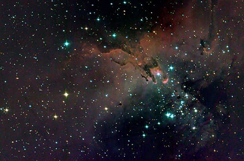 The Eagle Nebula (M16) as seen by the SuperBIT telescope, while hanging from a stratospheric balloon at about 35 km altitude. The image combines 6 exposures from SuperBIT's test flight, taken with different colour filters over about 10 minutes.